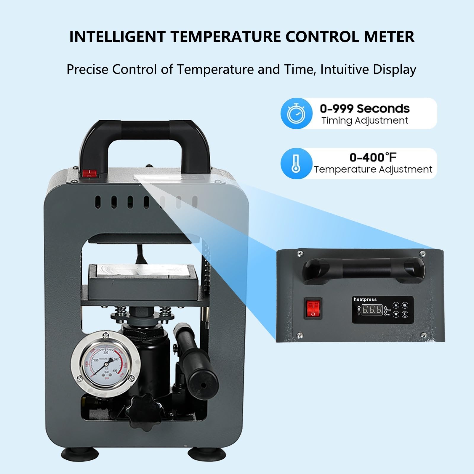 Prensa caliente hidráulica portátil con placas calefactadas duales, funcionamiento manual, pantalla digital LCD y medidor de presión preciso