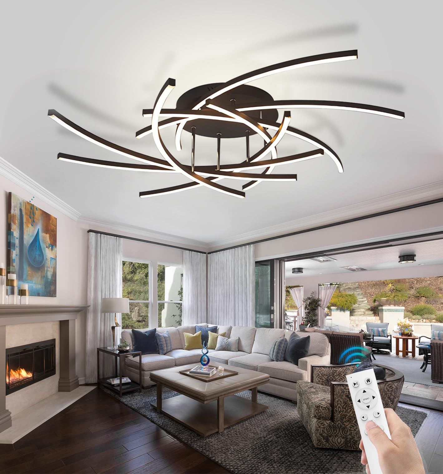 100cm Dimmbare LED Beleuchtungslampe 120W Schwarz/Weiß Wohnzimmerlampe Moderne LED-Deckenleuchte mit Fernbedienung Semi-Flush Mount Feuerwerk designer Innenbeleuchtung Wohnzimmer Decken Lamp (Schwarz)