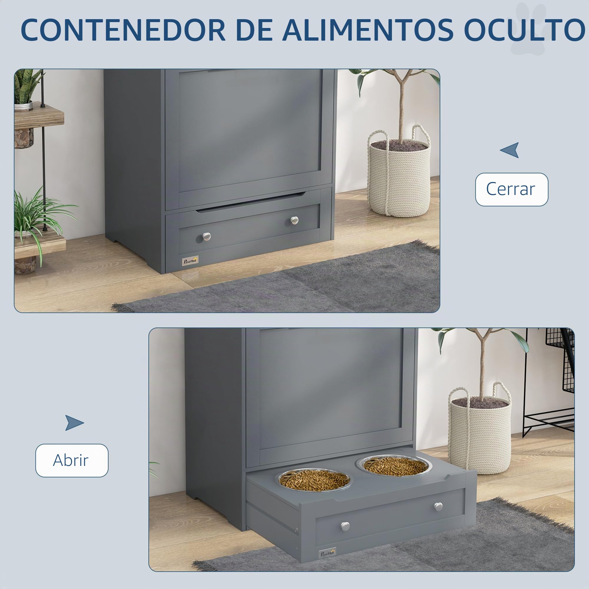 PawHut Estación de alimentación para mascotas, contenedor de almacenamiento de alimentos para perros con cuencos elevados para perros y colgador para suministros de alimentación y riego, gris