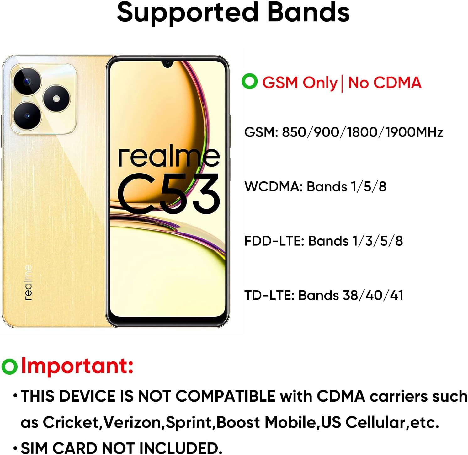 realme C53 with supported network bands listed