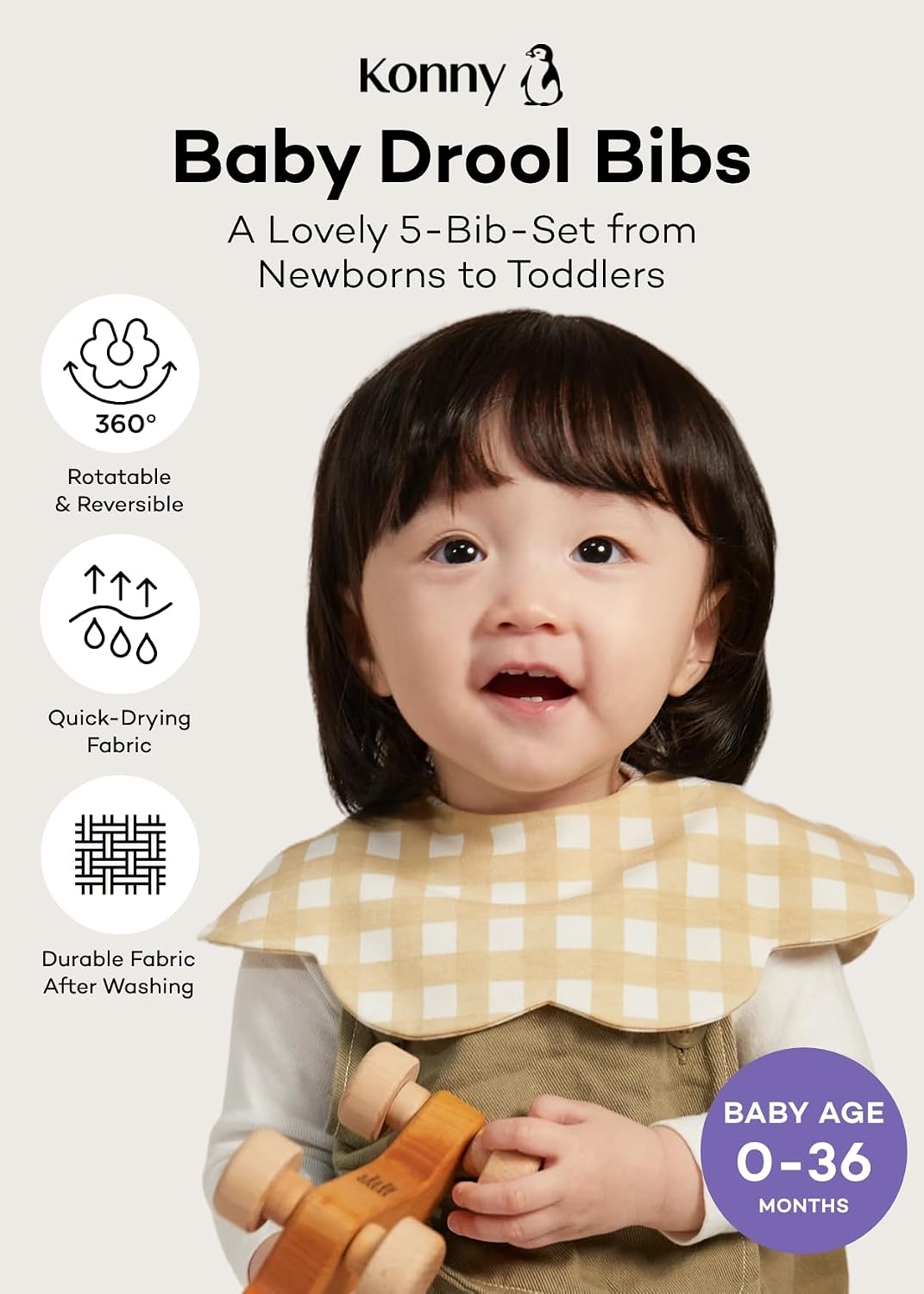 Konny Baby Bib 3/5/7-Pack Set, 360 ​​° Rotate, Soft and Absorbent Drooling for Toddler Boys Girls Baby Essentials