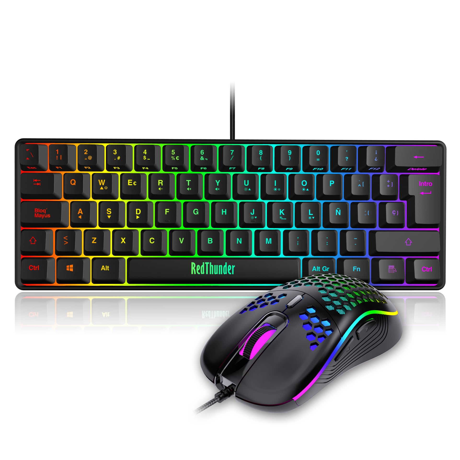 RedThunder Teclado Mecánico Alámbrico Gaming 60%,Retroiluminación RGB Dinámica,Ratón Celular Ligero de 7200 dpi,Teclado Ultra-Compacto 62 Teclas Anti-ghosting,Disposición QWERTY ES,para PC/PS5/Xbox