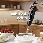 Mixeur plongeant électrique OVENTE 300 Watts, 2 vitesses de mélange avec lames en acier inoxydable, ensemble de mixeur à main avec fouet, bécher et hachoir alimentaire sans BPA, noir HS565B