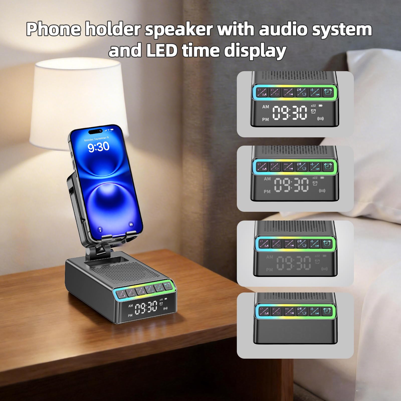 Altavoz Bluetooth con soporte para teléfono móvil, 9 en 1, caja de música Bluetooth 6.0 (horizontal/vertical), soporte de inducción, estéreo envolvente, despertador/luz nocturna, regalo para hombres y