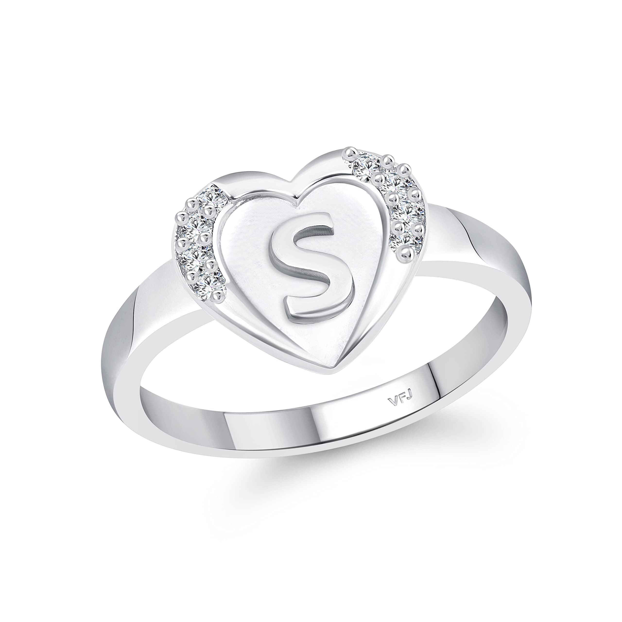 Vighnaharta cz alloy Rhodium and Gold plated Valentine collection Initial '' S '' Letter in heart ring alphabet collection for women and Girls-image-5
