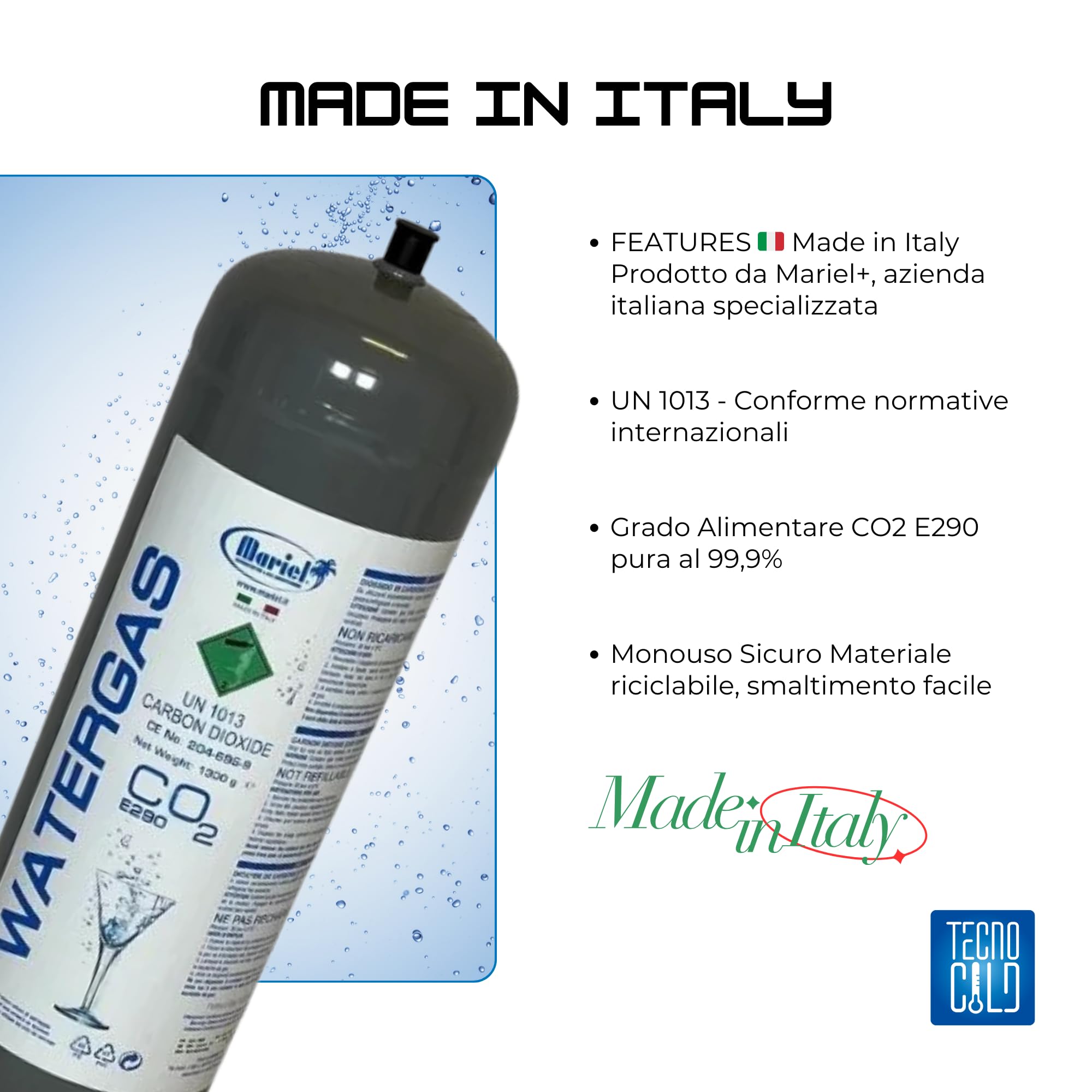Tecno Cold | Bombola CO2 1300 g Alimentare E290 per Gasatore – CO2 per Acqua Frizzante – Bombole CO2 Monouso M11x1 per Casa e Ufficio