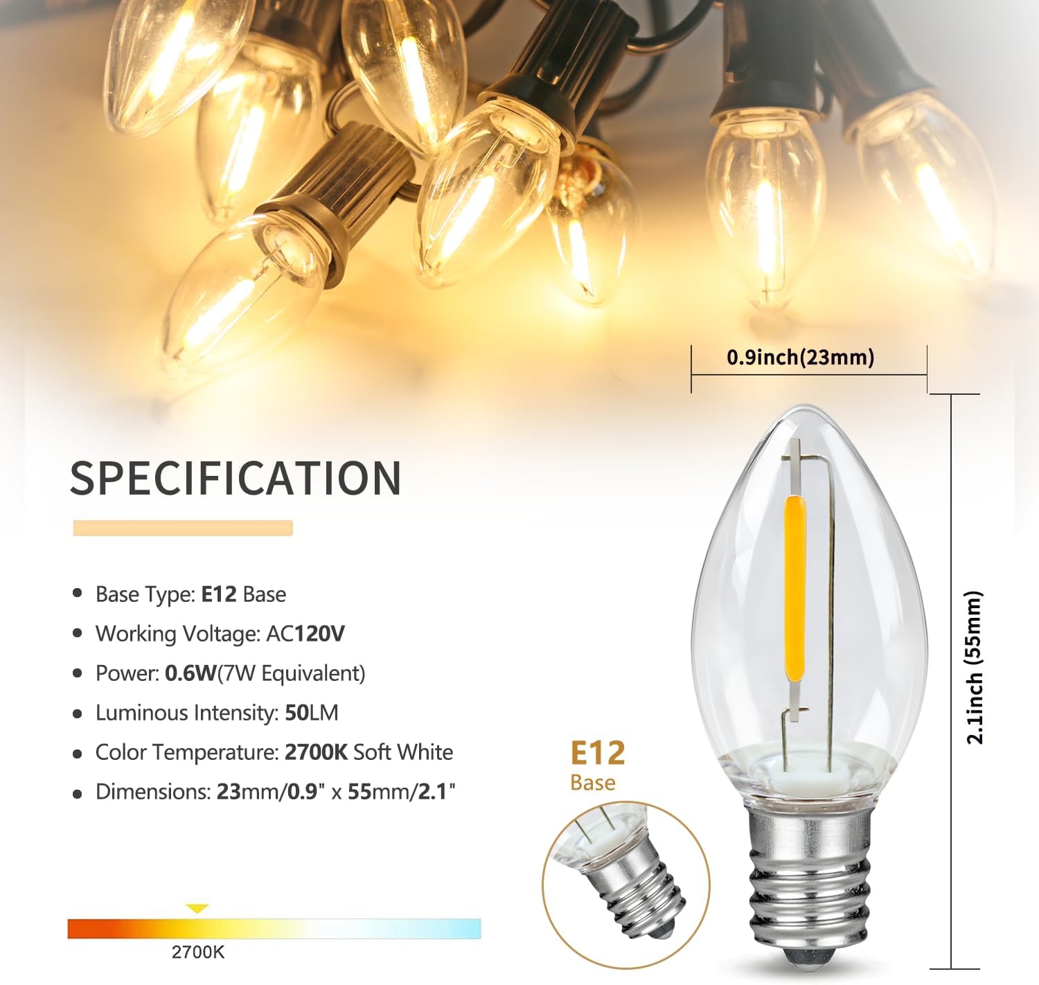 10PACK LED Night Light Bulbs, C7 Candelabra LED Light Bulbs, E12 Chandelier Base, 0.6W Equivalent to 7W, Warm White 2200K, 50LM, Shatterproof & Waterproof Clear ‎Plastic