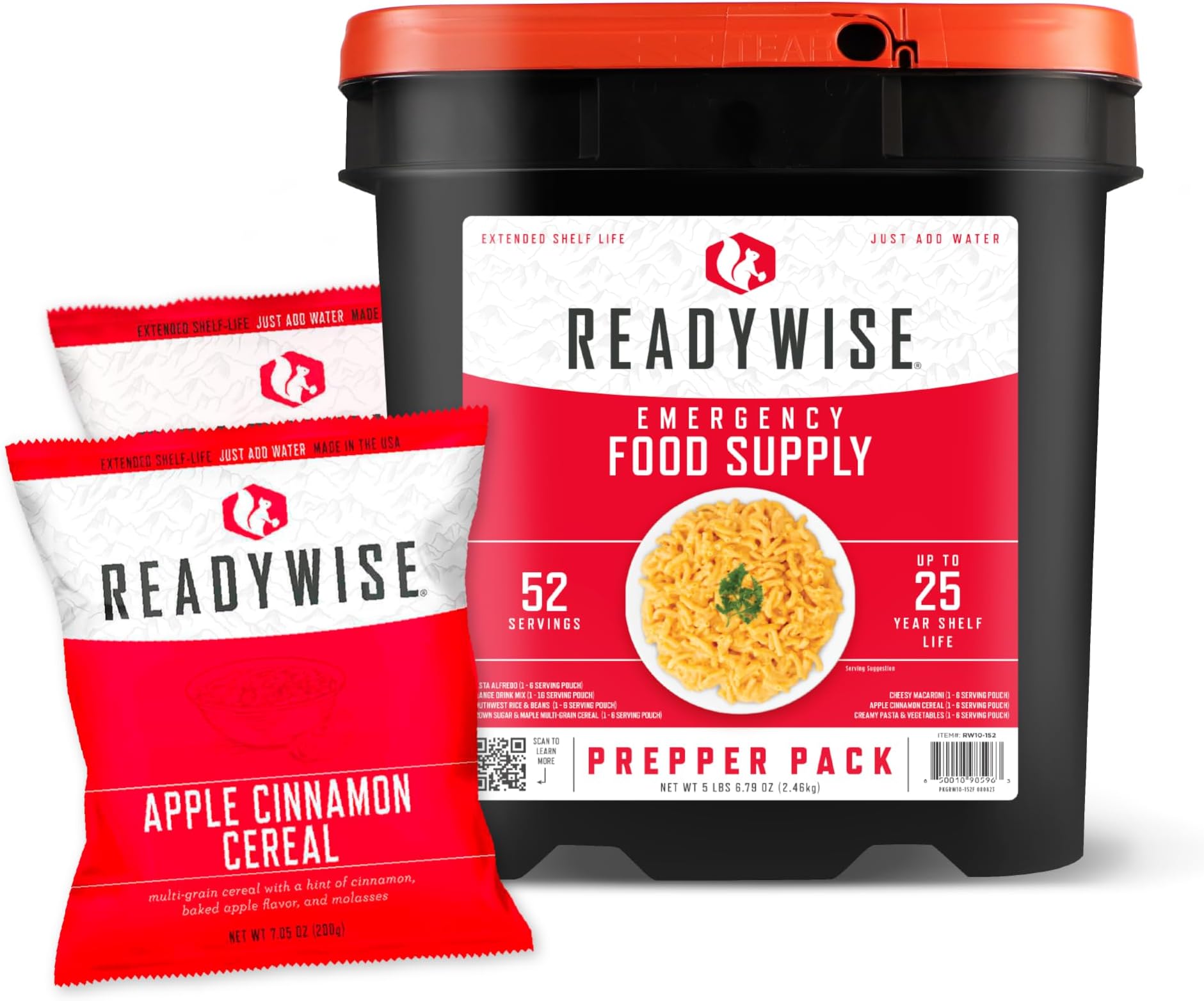 Prepper Pack Bucket, 52 Servings, Emergency, MRE Meal & Drink Supply, Premade, Freeze Dried Survival Food, Hiking, Adventure & Camping Essentials, Individually Packaged, 25 Year Shelf Life