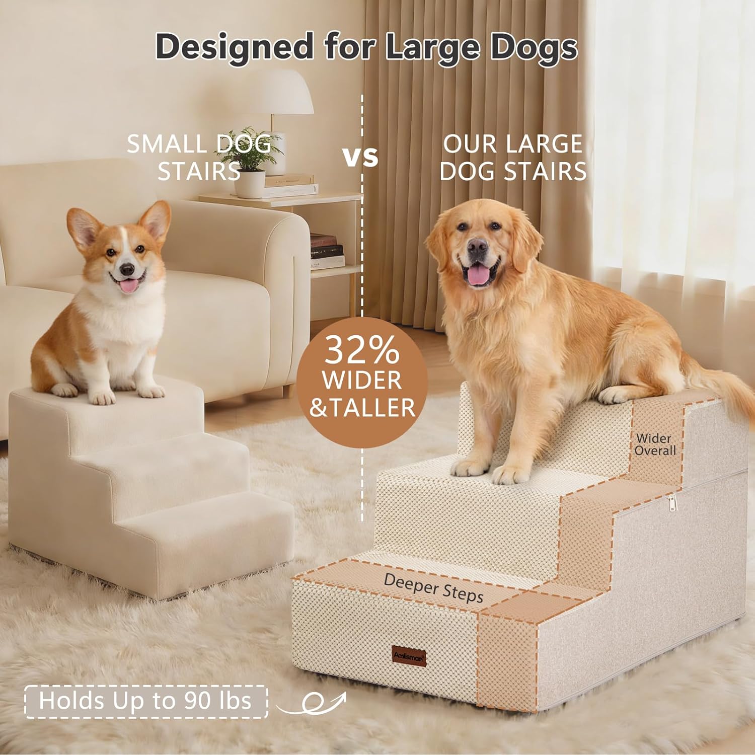dog stairs for large dogs 18" h, extra wide dog steps for high beds & couches, 20" wide deep steps, non-slip dogs ramp, 3-step pet stairs, beige