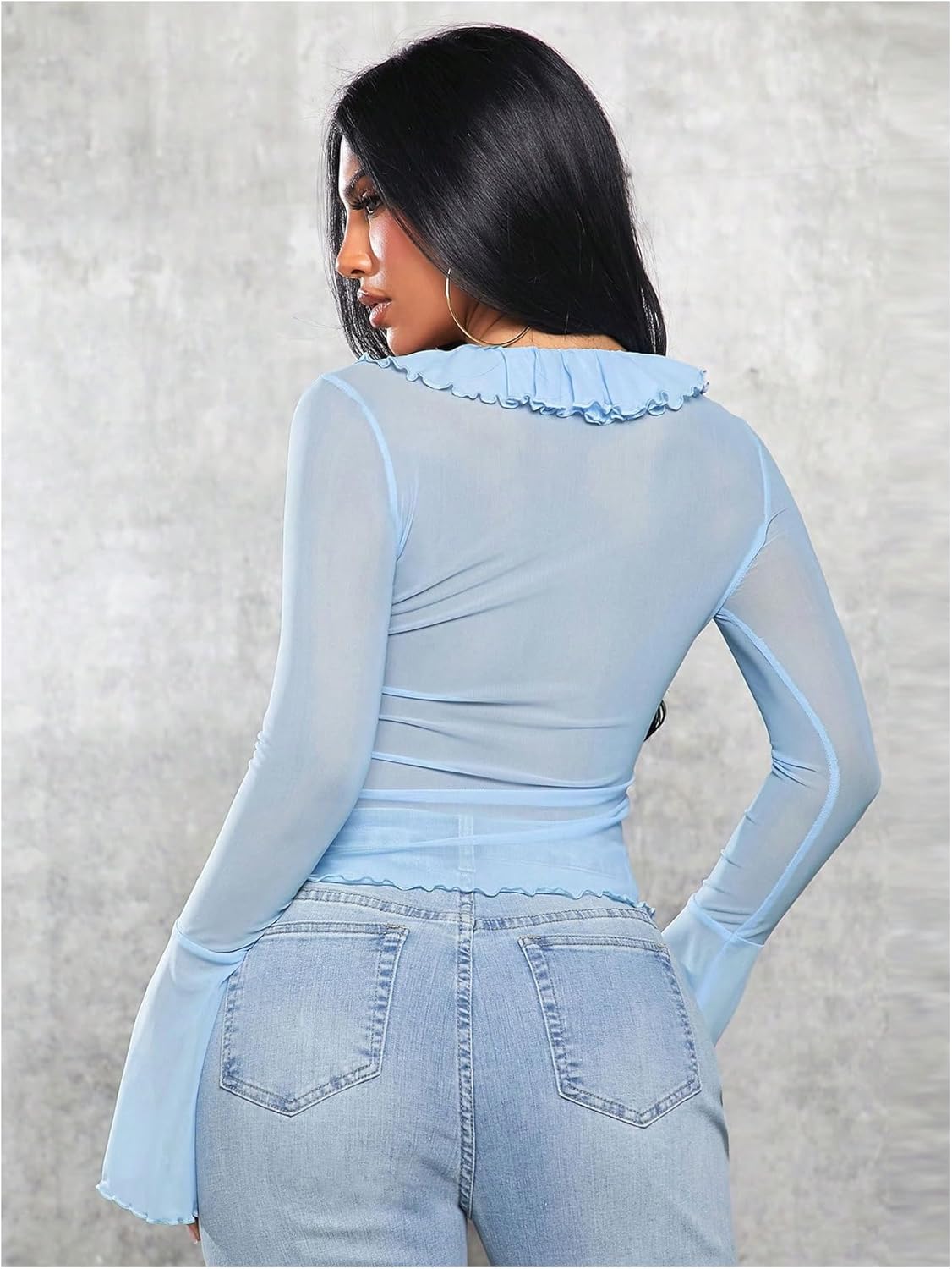 Milumia Women's Long Bell Sleeve Tie Front Top Ruffle Trim See Through Mesh Crop Tops - Image 2