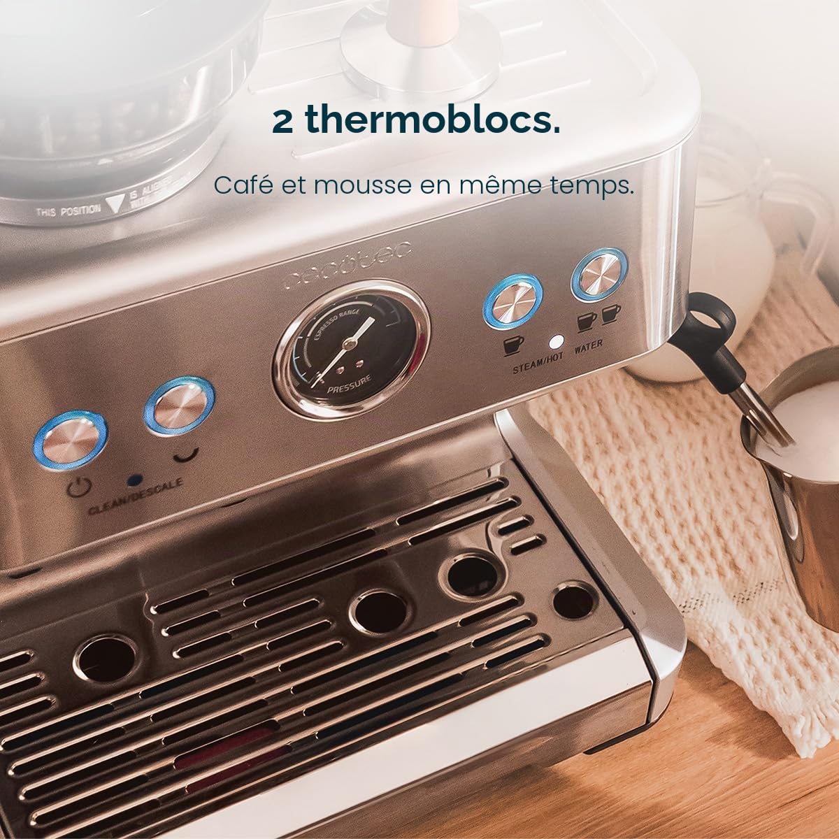 Cecotec Cafetière Express 20 Bars Power Espresso 20 Barista. 2250 W, Manomètre, 2 Thermoblocks, Vaporisateur Orientable, Réservoir de Café en Grains et Moulin à 20 Niveaux
