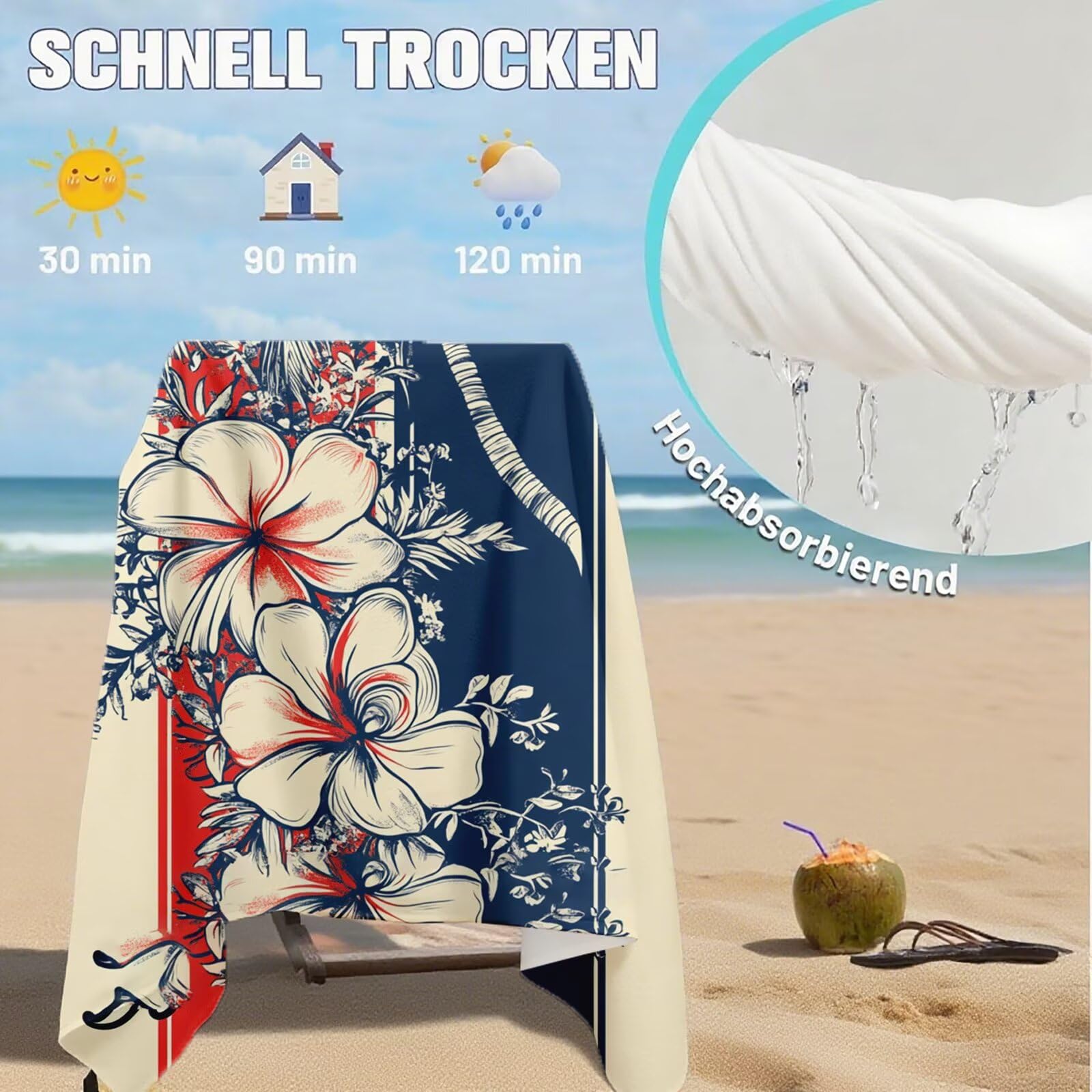 Serviette de Plage XXL 100x200 cm,Cocotier Serviette Plage Microfibre avec Séchage Rapide, Anti-Sable, Absorbante Fonction Design pour Vacances Piscine Pique-Nique Voyages Yoga, Cadeau Femme Q-706