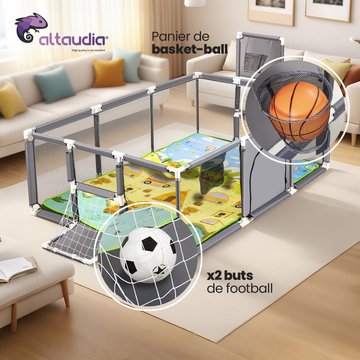 Parc pour bébé + tapis de jeu + ballon de football et basket-ball - Parc pour bébé pliable 180 x 120 x 65 cm - Parc de jeux pour bébé avec maille respirante - Gris