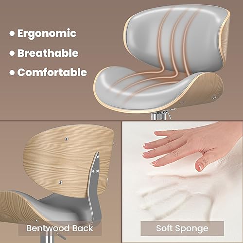Miniatura 4 de YaFiti Juego de 2 taburetes de bar para isla de cocina con respaldo de madera curvada y asiento de cuero, taburetes de bar giratorios para encimera