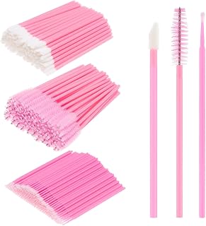 300pcs Eyelash Extension Supplies Kit, 100 Disposable Mascara Wands, 100 Lip Brushes, 100 Disposable Eyeliner Brushes(Pink Sets)