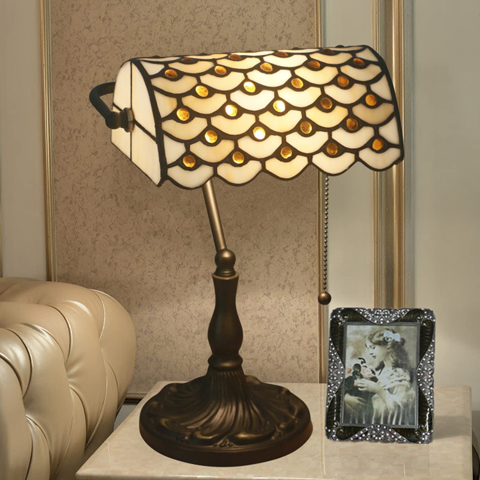 Lampada da banchiere Vintage Lampada da Tavolo in Stile Tiffany Lampada da scrivania per Pianoforte Lampada da Comodino con Base in Lega Anticata Lampada da Notte per Camera da Letto Paralume in vetr
