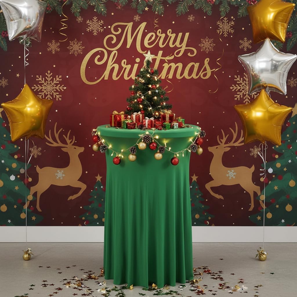 2Pcs 32" Highboy Cocktail Round Stretch Spandex Table Cover Table Skirt High Top Tablecloth (30"-32" Dia x 43", Green)