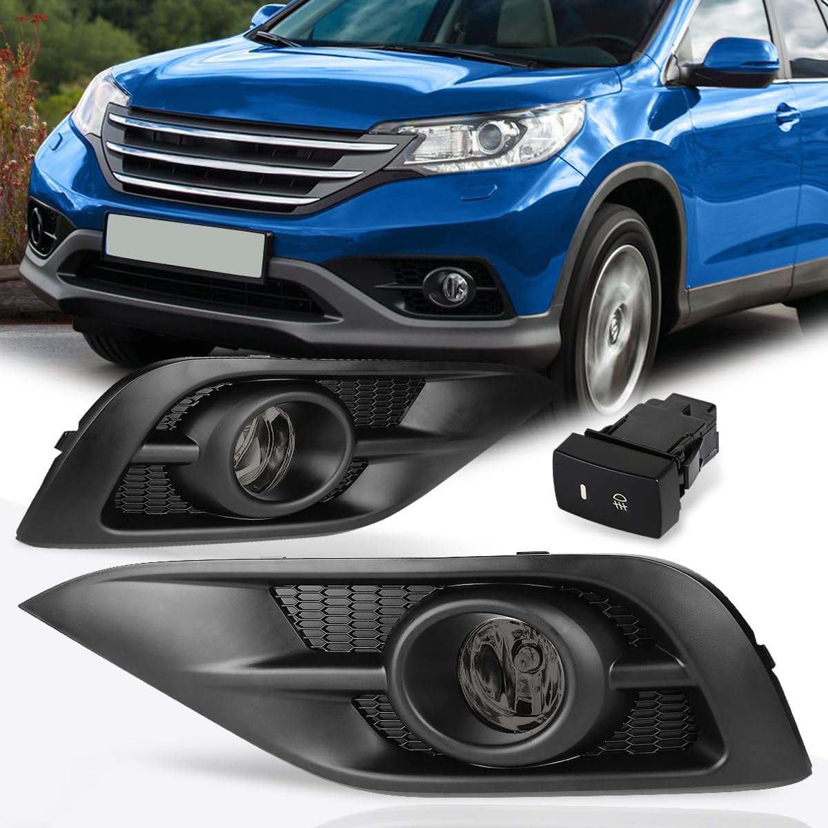Front Bumper Fog Lights+Black Bezel+Switch Compatible with Honda CR-V 12-14