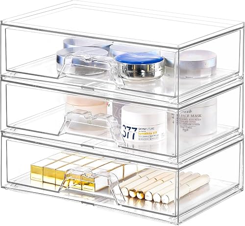 Paquete de 3 organizadores de maquillaje apilables, organizador de baño acrílico de 12.1 pulgadas de largo y cajón de almacenamiento debajo del