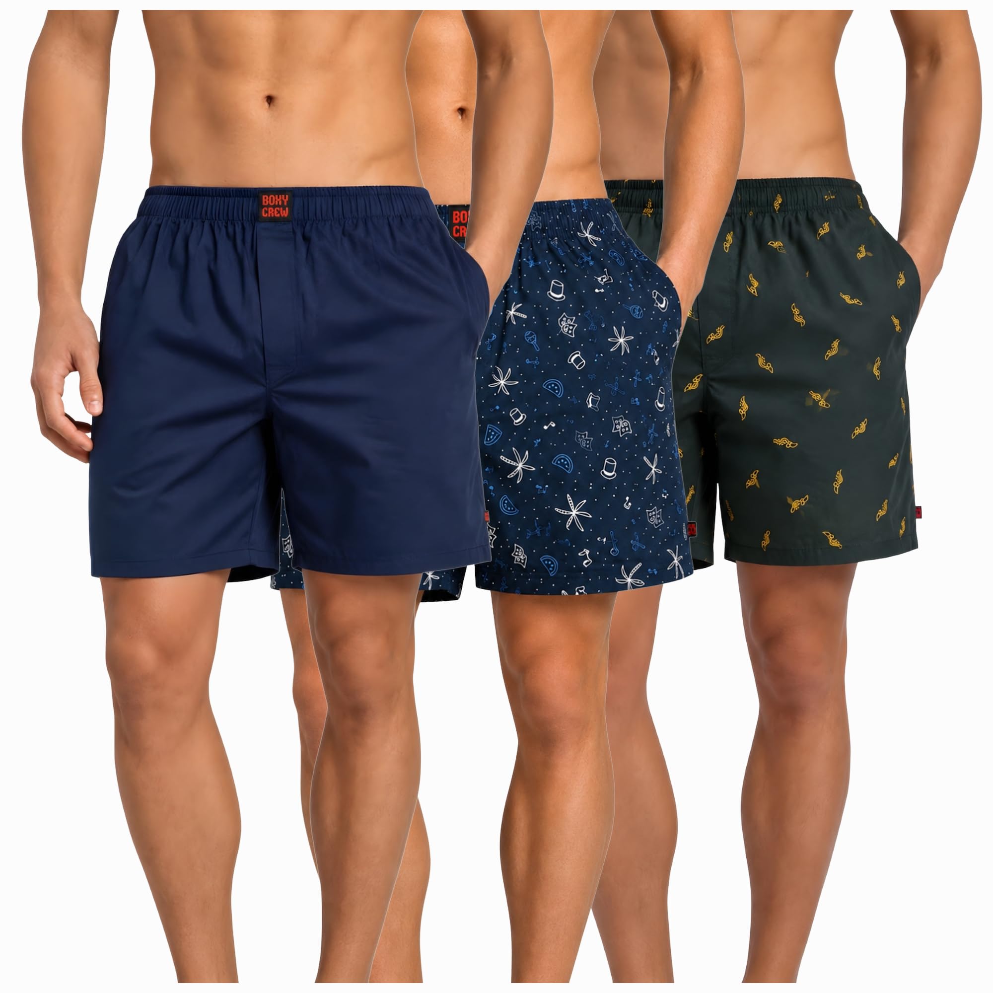 Men's 100% Cotton Boxer Shorts Pack of 3, Navy Blue, Navy Blue & Dark Teal | Woven Boxers with Side Pockets, No-Marks Elastic Waistband, Breathable Relaxed Fit | Style 002-007-010-image-49