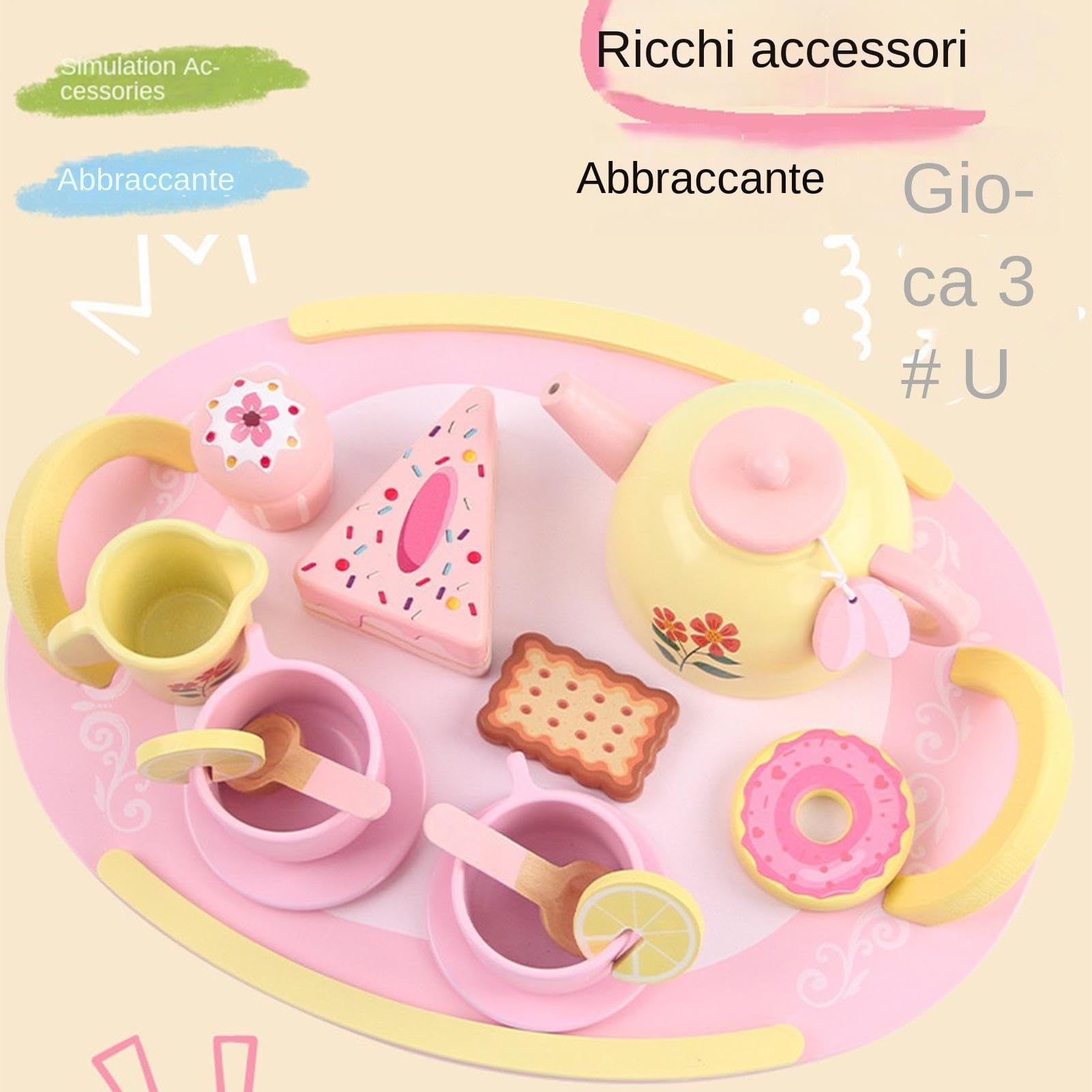 Set Da Tè Giocattolo Per Bambini 16 Pezzi in Legno con Dolci di Imitazione