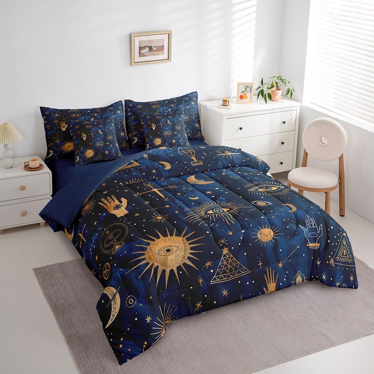 Feelyou Sun Moon and Star Print Comforter Set with Sheets Galaxy Sun Moon 7 Piece Bedding Set Full Size for Kids Boys Girls Bohemian Gothic Bed in a Bag Trippy Hippie Bed Set