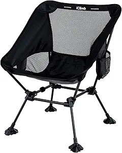 iClimb Ultralight Compact Camping Folding Beach Chair with Anti-Sinking Large Feet and Back Support Webbing (Black - Square Frame)
