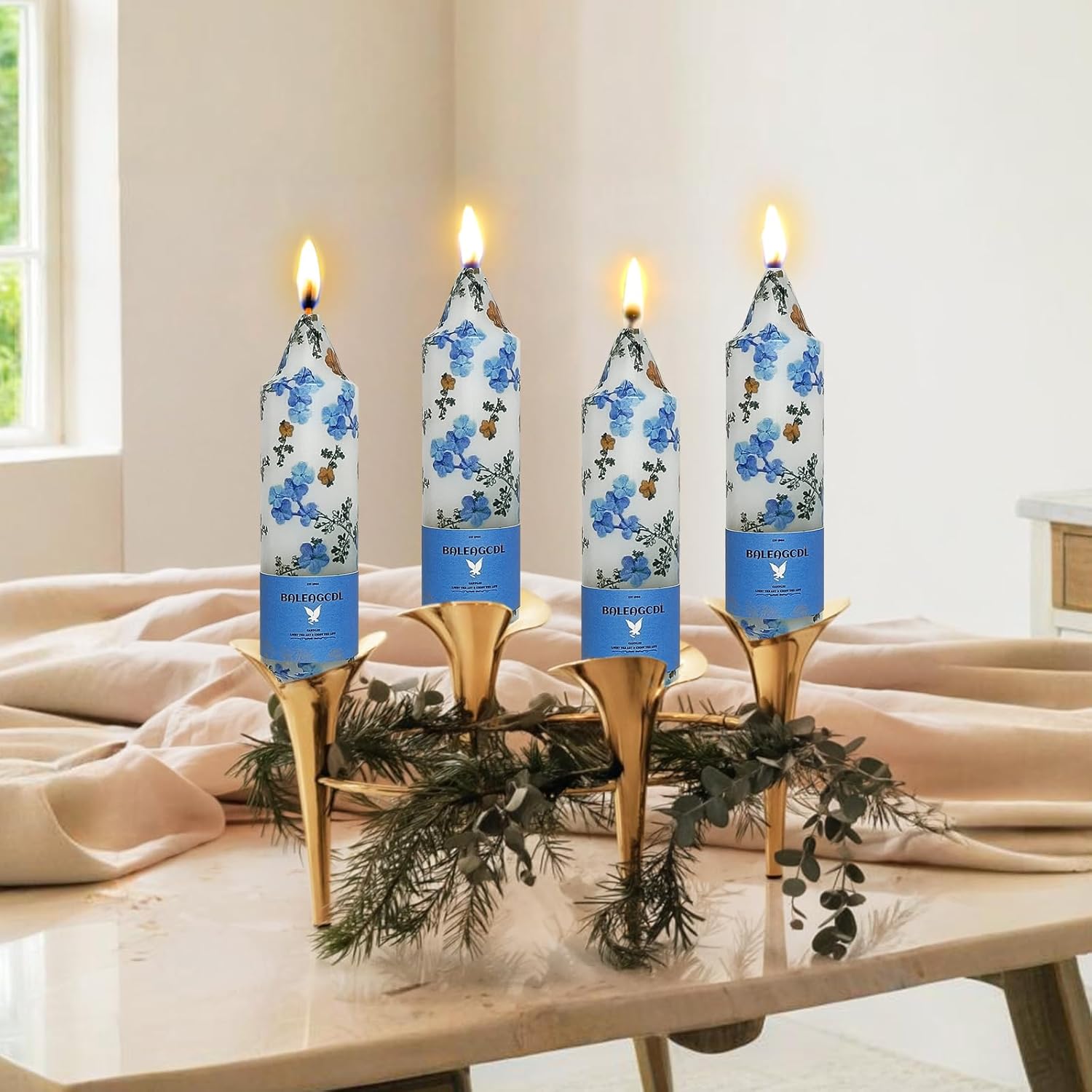Print Taper Candles - Blue Floral Blend Pattern Short Candle 5Inch Unscented Flower Tapered Candlesticks for Family Gatherings Weddings Restaurant Holiday Decorations Set of 4
