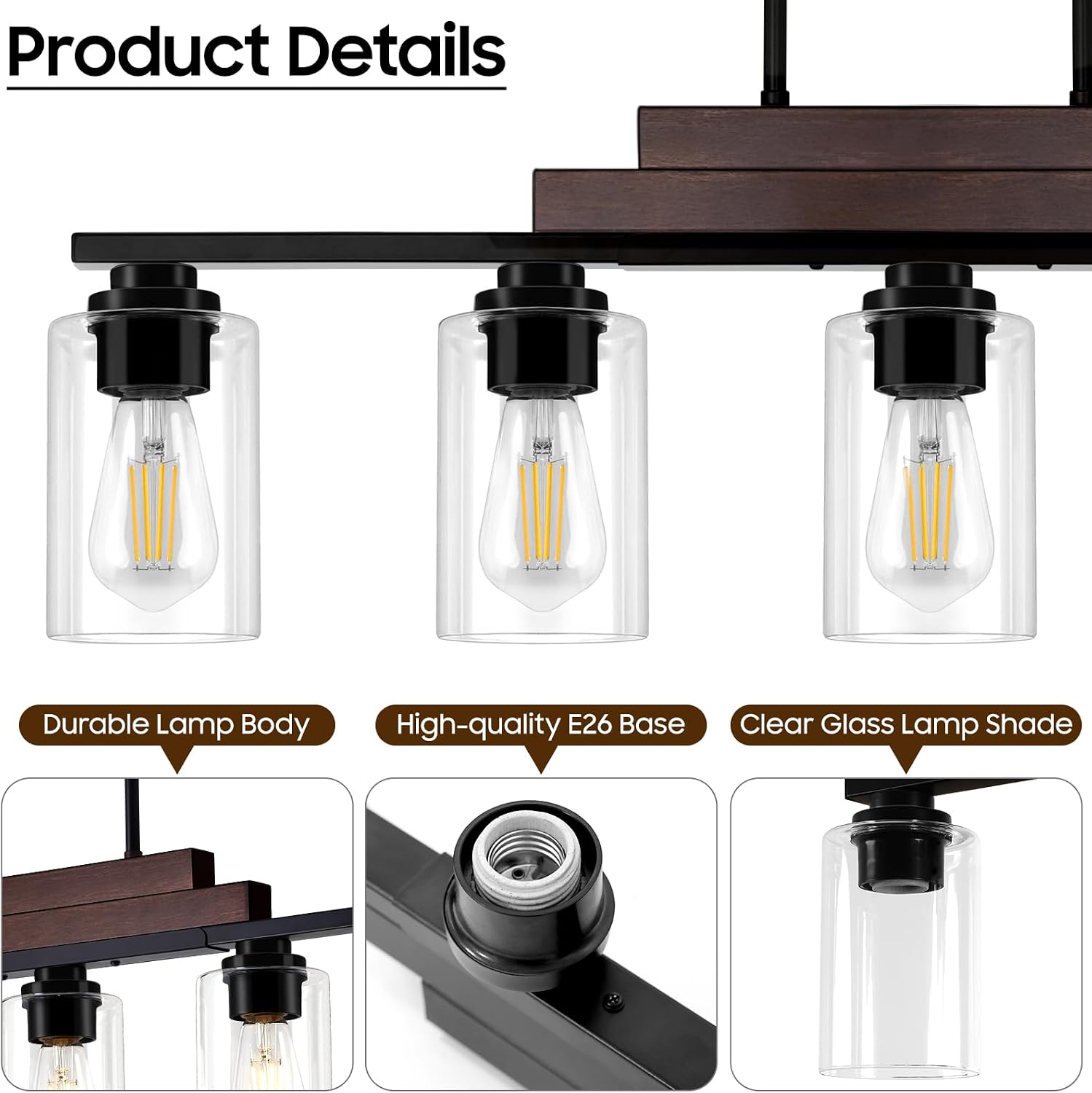 Dining Room Light Fixture Over Table, 5-Light Farmhouse Chandeliers for Dining Room Hanging, Linear Pendant Lights Kitchen Island Lighting, Wood Ceiling Light Fixture with Clear Glass Shade, Black
