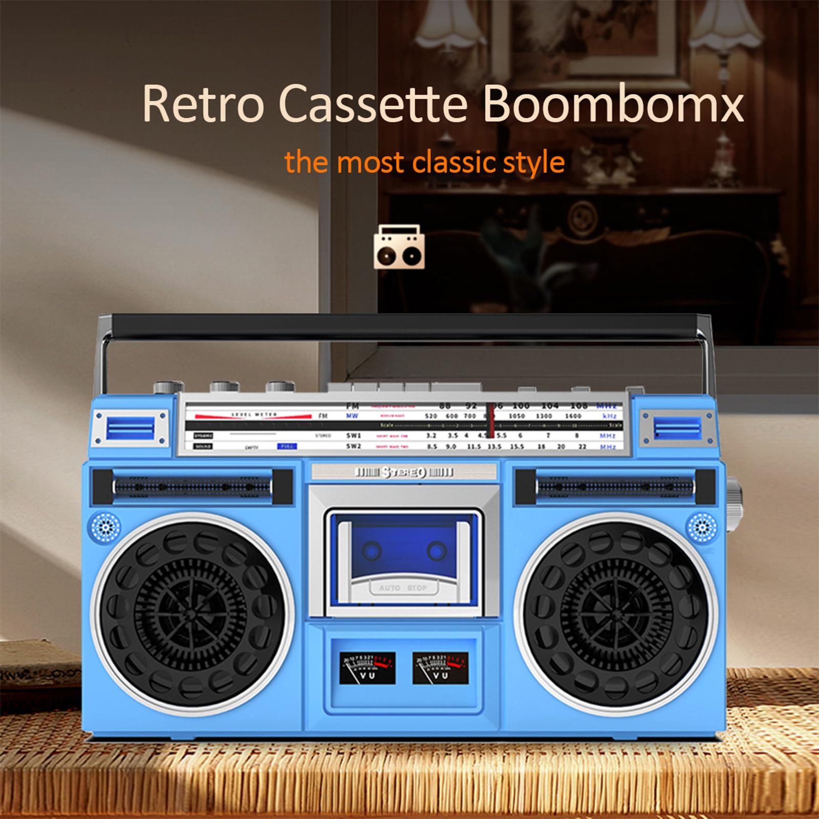 Boombox portatile con lettore di cassette Bluetooth con radio AM/FM/SW, registratore a nastro, supporto USB, jack per cuffie, suono stereo completo