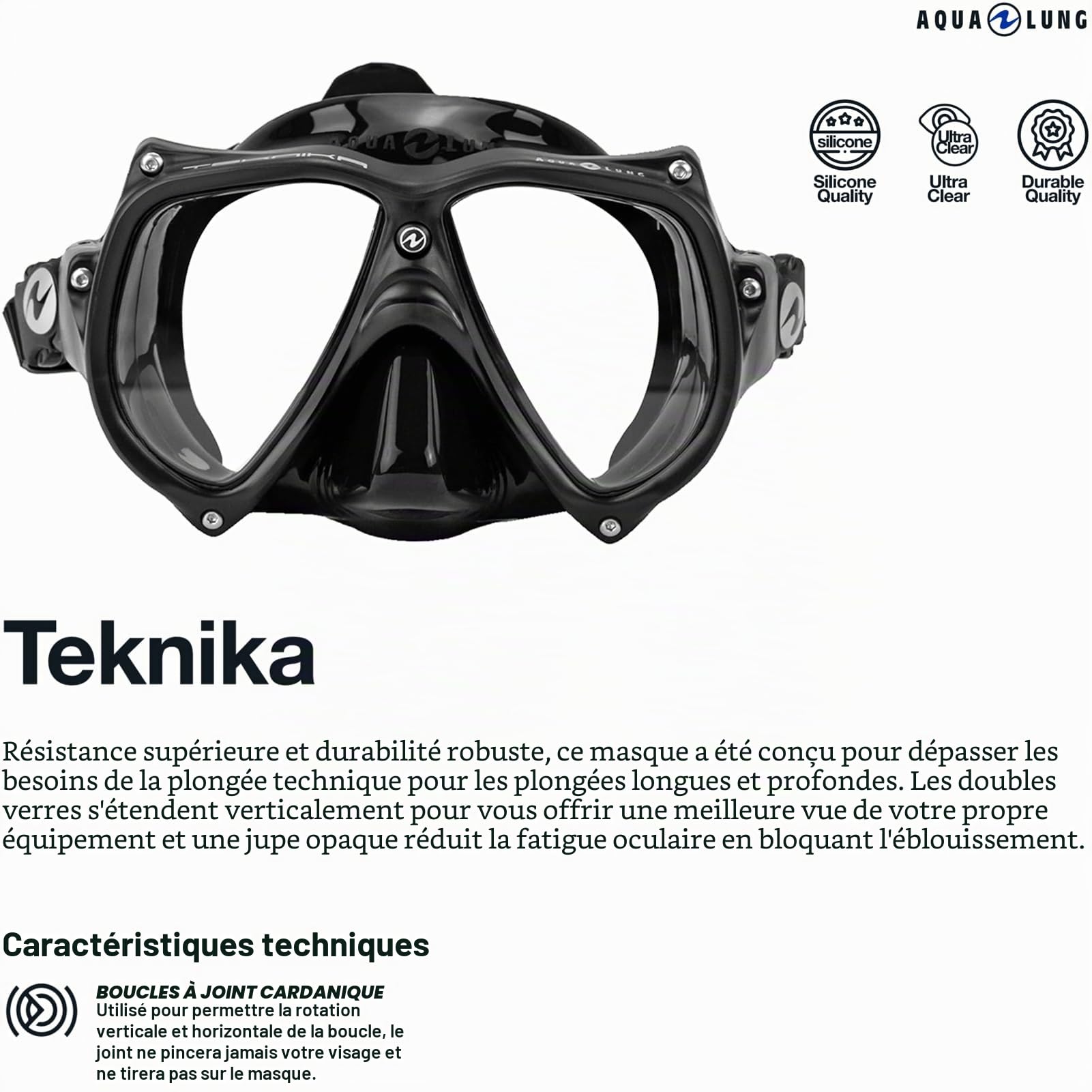 Aqua Lung TEKNIKA - Masque Plongée adulte en verre trempé, Cadre Résistant aux Chocs, Ajustement facile, Confortable, S'adapte à tous les visages, pour la plongée sous-marine, snorkeling