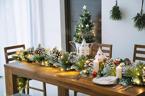 Miniatura 3 de DearHouse Guirnalda de pino de Navidad de 9 pies con 50 luces LED, guirnalda de Navidad preiluminada de invierno con ciprés de abeto para temporada