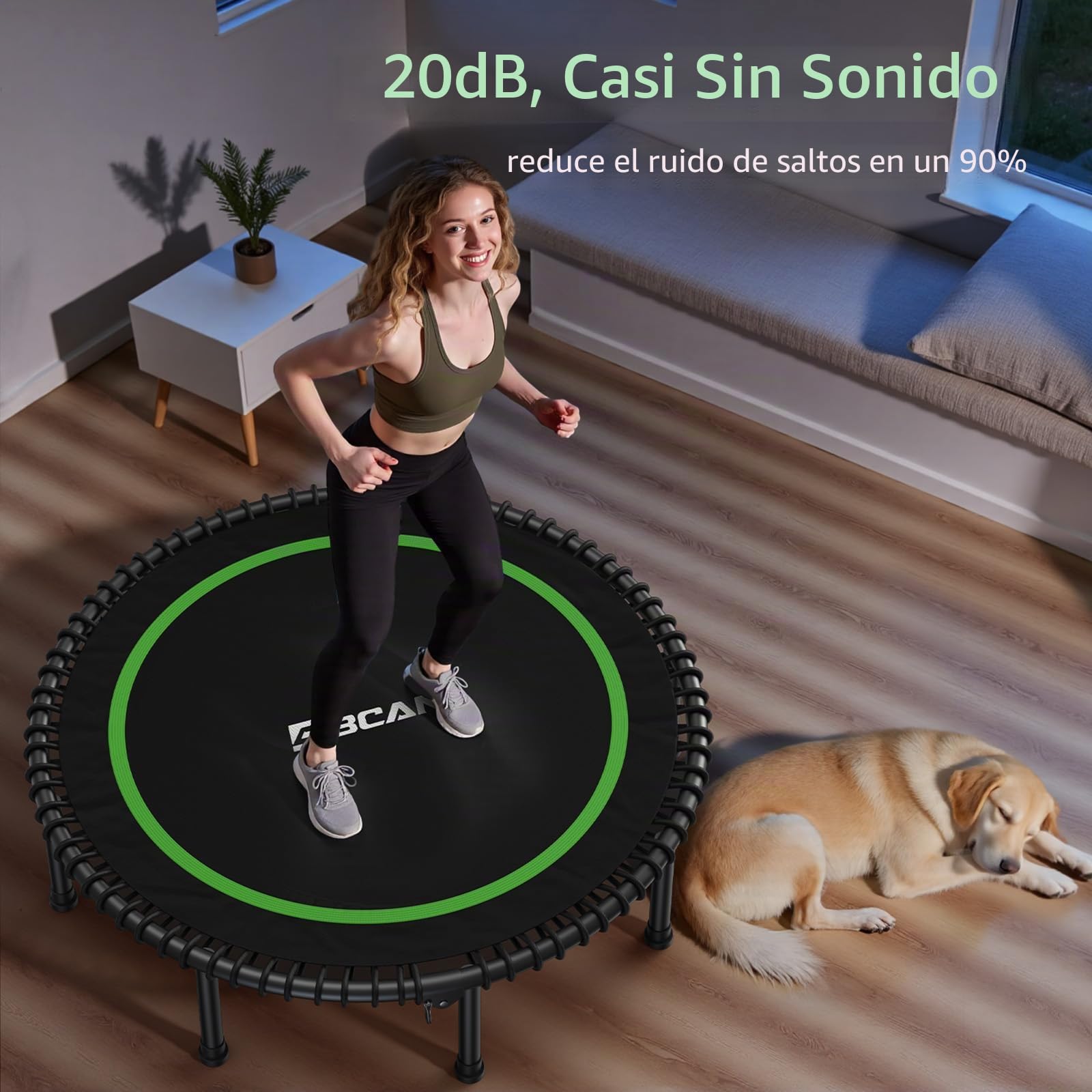 Cama elástica de Interior BCAN Fitness, Ø 102/122/130 cm de diámetro, Mini Cama elástica/de muelles, Apta para Adultos de hasta 204/250 kg, con Asas Ajustables, silenciosa y de Baja vibración.