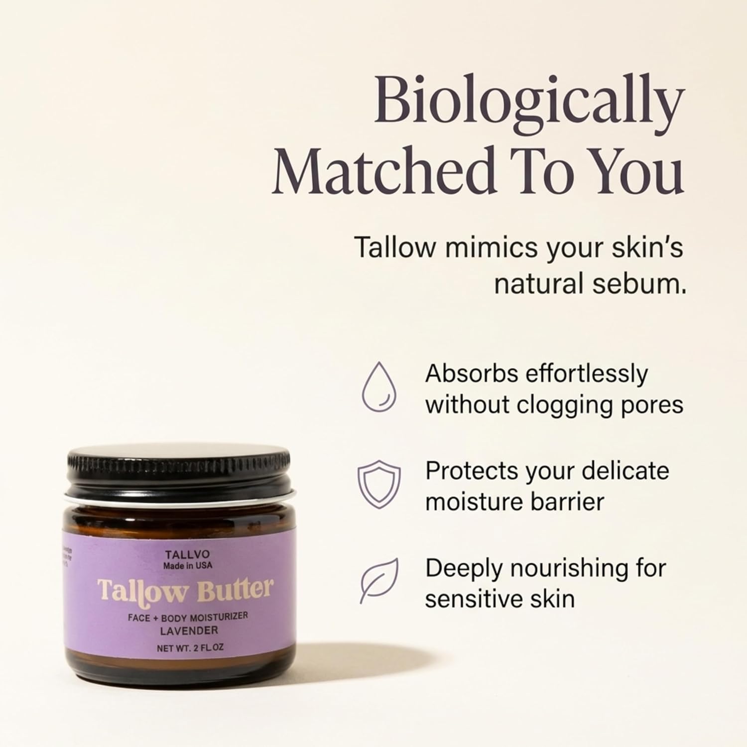 Grass-Fed Beef Tallow Moisturizer for Face & Body Whipped Tallow Balm for Dry Skin, Eczema & Sensitive Skin Natural, Non-Toxic, Deep Hydration Skincare (Lavender, 2 oz)