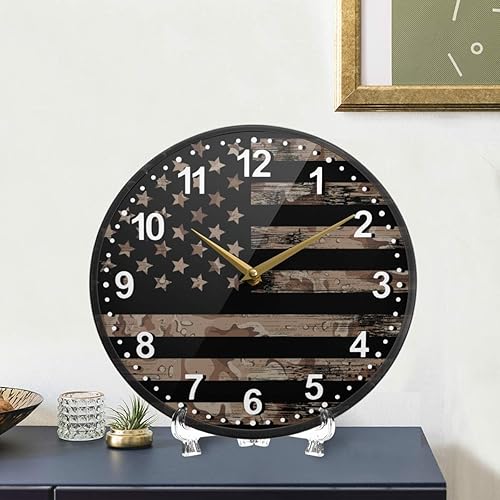 Miniatura 6 de ALAZA Reloj de pared con bandera estadounidense de Estados Unidos con camuflaje del desierto, funciona con pilas, silencioso, sin tictac, para