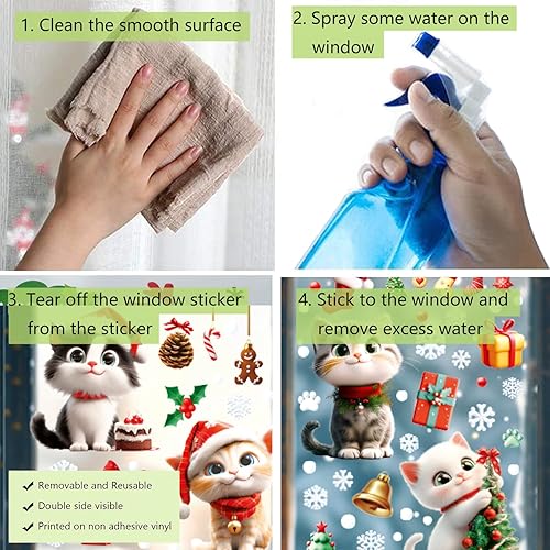 Miniatura 3 de Calcomanías de gato para ventana de Navidad, 9 hojas de decoración de Navidad, campanas de árbol de gato, calcomanías para fiestas de vacaciones