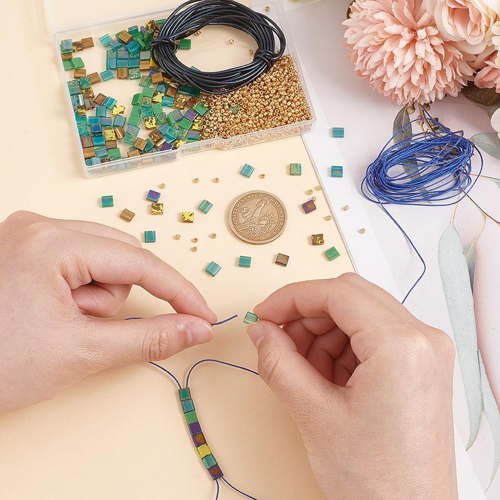 arricraft About 843 Pcs Beads Jewelry Making Kit, Including Blue Green 2-Hole Glass Seed Beads Small Loose Spacer Beads 4 Yards(3.65m) Leathers Cords for Bracelet Necklace Making