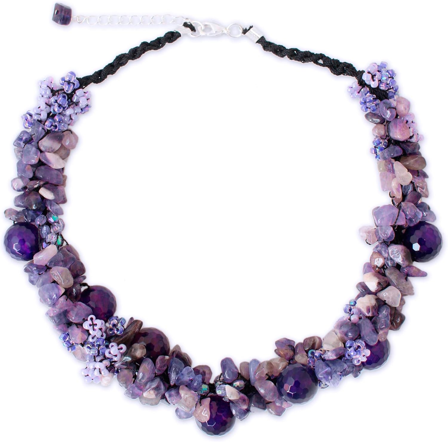 NOVICA Artisan Handmade Amethyst Cluster Necklace Silver Plated Agate Glass Bead Purple Beaded Thailand Radiant Orchid Ultra Violet Birthstone [17.25 in L x 0.8 in W Extender 1.6 in L] ' Gush'