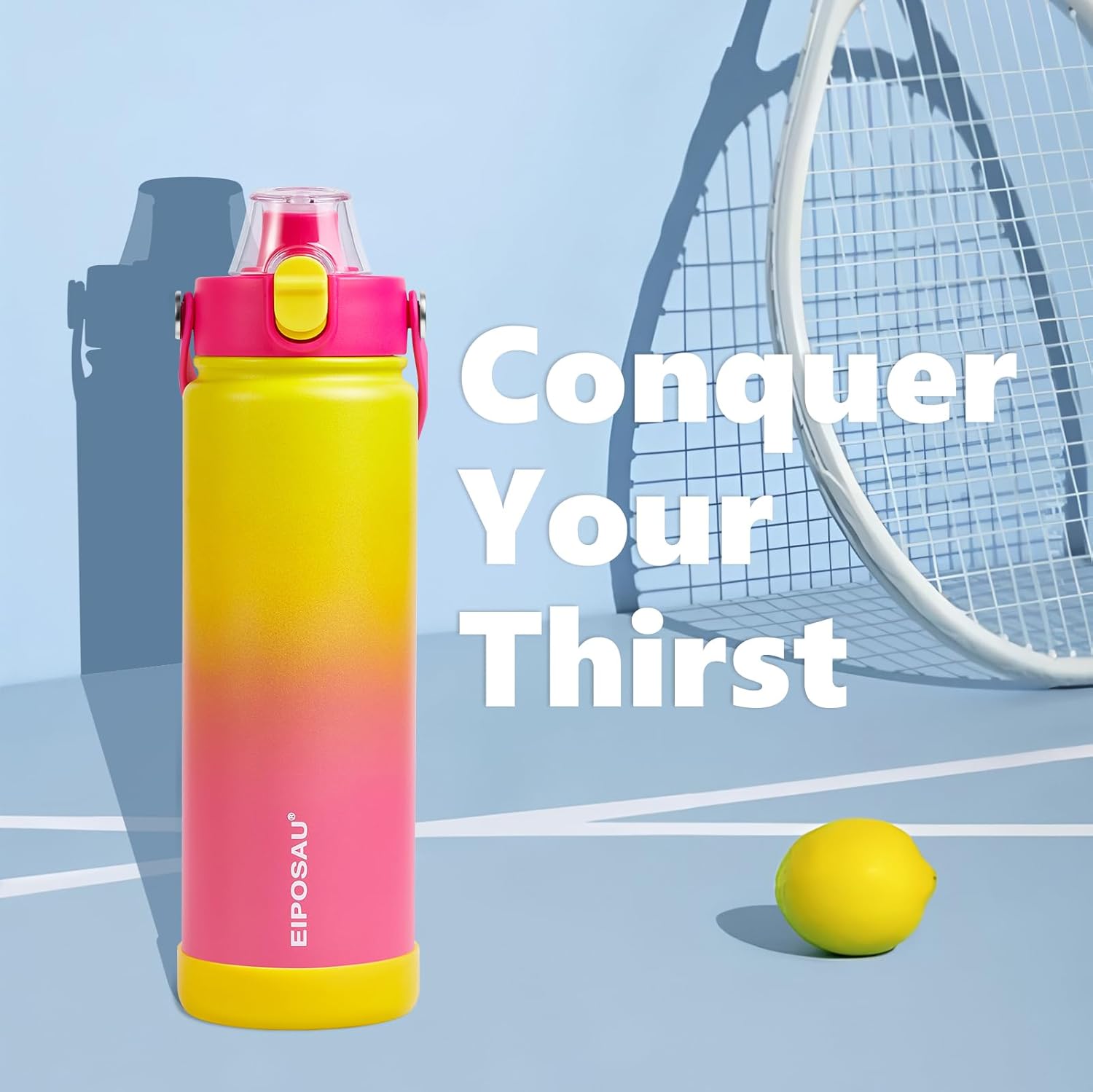 Insulated Water Bottle with Lid & Boot & Stickers, 24 oz Stainless Steel Sweat Free Bottle Keep Cold 24H, BPA-Free Sports Wide Mouth Water Bottle, YellowRed - Image 9