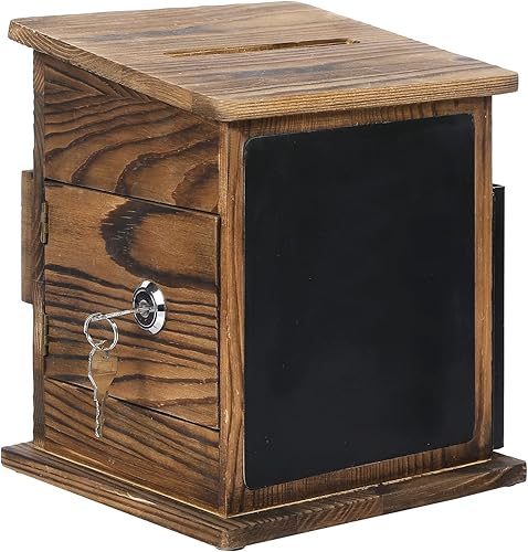 Vista 2 de MyGift Caja de colección de madera maciza quemada rústica montada en la pared con tarjetero de metal negro, caja de comentarios y sugerencias