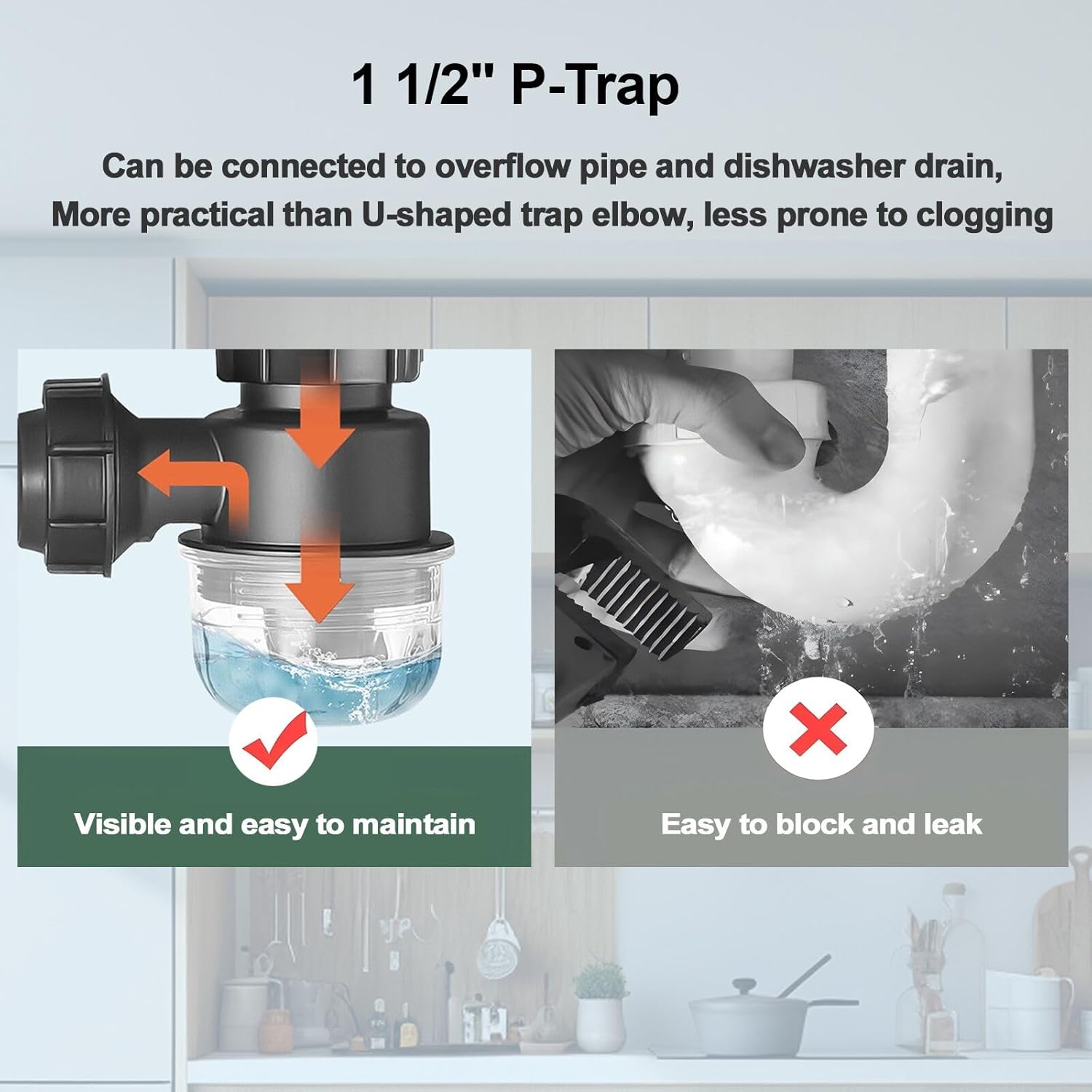 1-1/2 inch Kitchen Sink Drain Kit, space-saving kitchen drain with P-trap and extendable flexible hose (gourd overflow preventer)