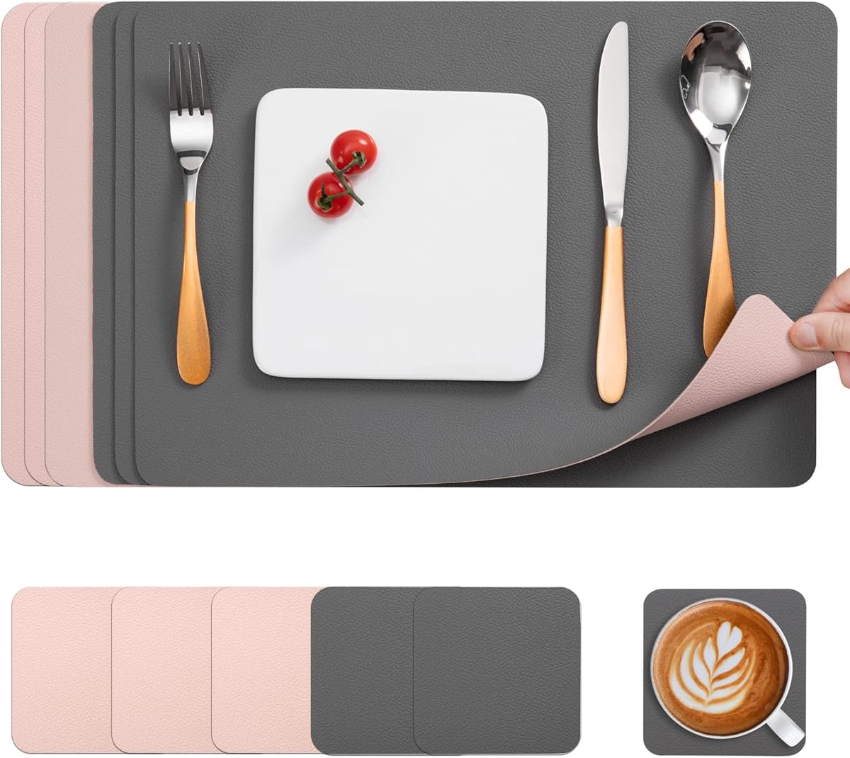 Myir JUN Leather Table Mats and Coasters, Dual-Sided Leather Placemats and Coasters Waterproof Placemats Set of 6 Place Mats Non-Slip Washable Table Mats (Gray Pink, Set of 6)