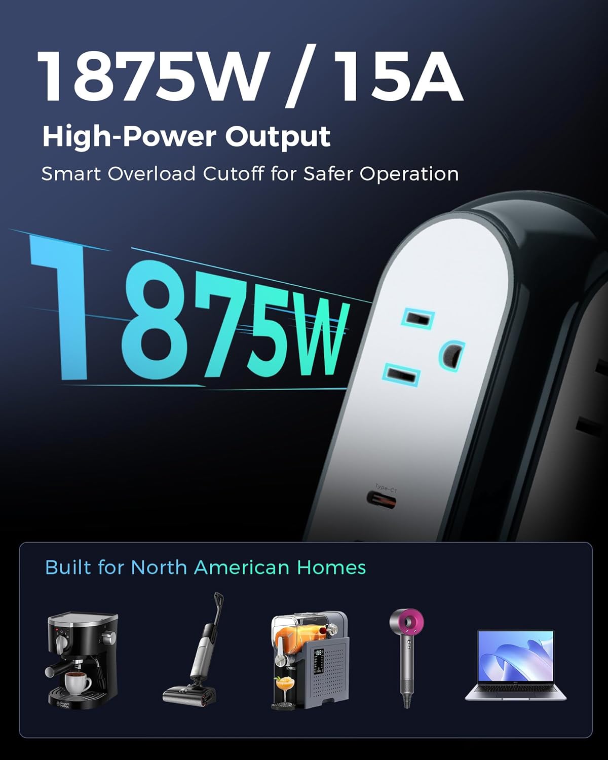 MiaoLab Power Strip Tower with 2 USB-C Ports (30W) + 4 AC Outlets, 1420J Surge Protector Power Strip with Overload Protection, 6.6FT Extension Cord with Multiple Outlets, 1875W/15A Charging Station