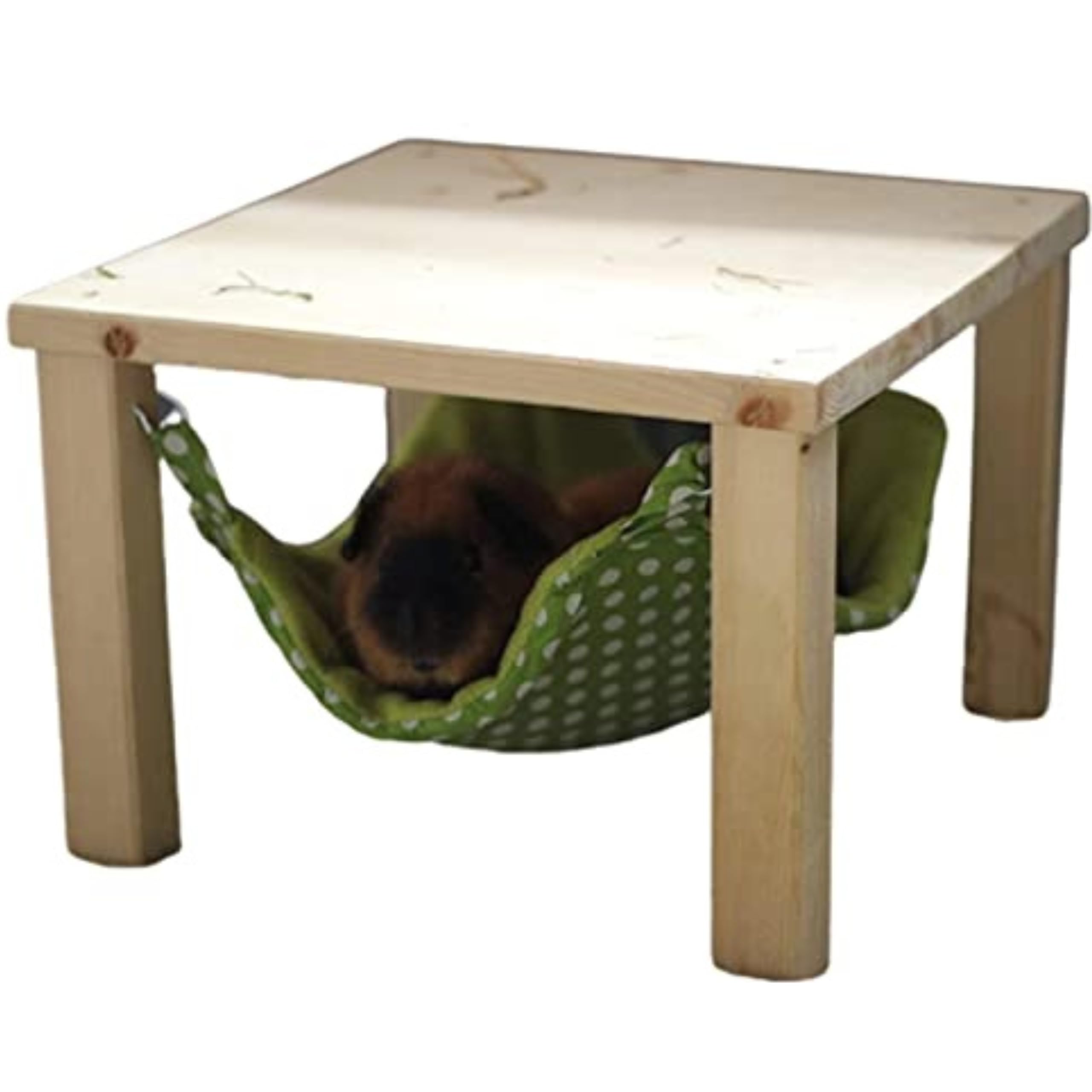 Meerschweinchen-Hängematte mit Holzgestell – montiert geliefert – Handgemacht – Kuschelhängematte für Kleintiere – grün mit weißen Punkten