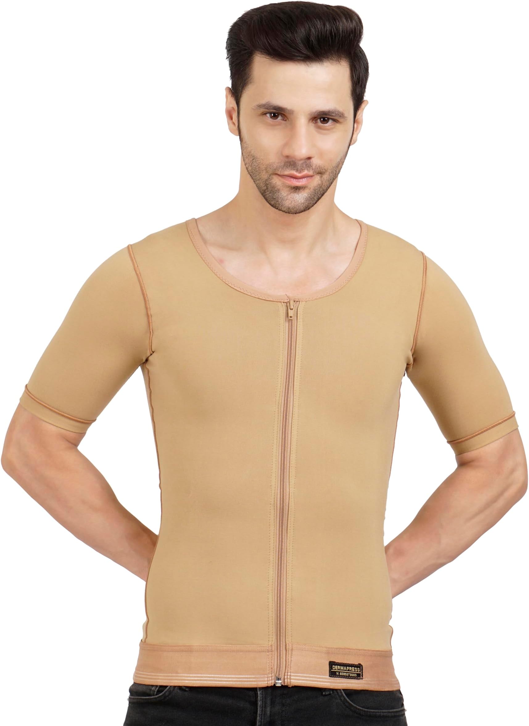 Gynecomastia Compression Vest with Short Sleeve| MODERATE Compression| Front Zip and Hook Closer| Tomboy Chest Binder| Chest, Abdomen & Back Support for Men|