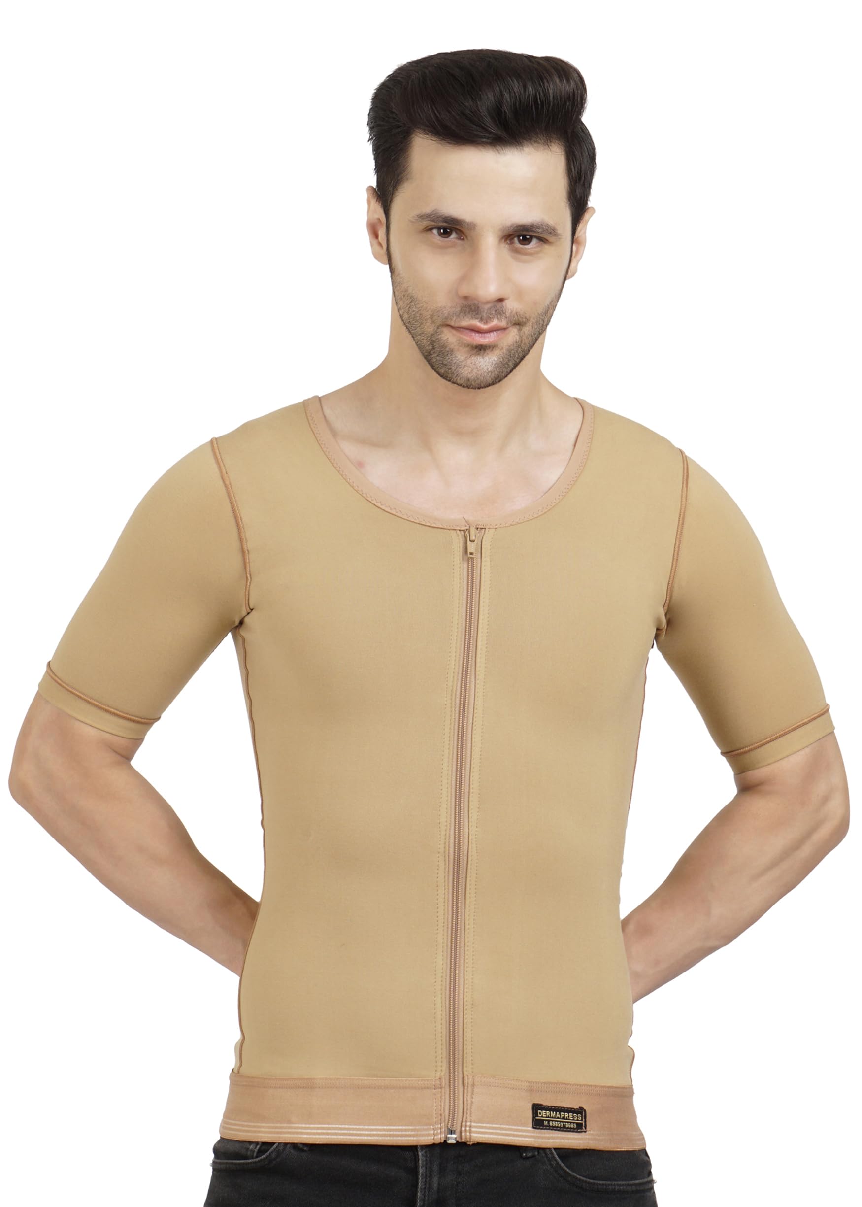 Gynecomastia Compression Vest with Short Sleeve| MODERATE Compression| Front Zip and Hook Closer| Tomboy Chest Binder| Chest, Abdomen & Back Support for Men|