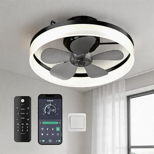 Ceiling Fans with Lights and Remote, 19.7" Dimmable LED, Black | Low Profile Ceiling Fan with Light, 6-Speed Reversible DC Motor, 3000K-6000K Fandelier for Bedroom, Living Room