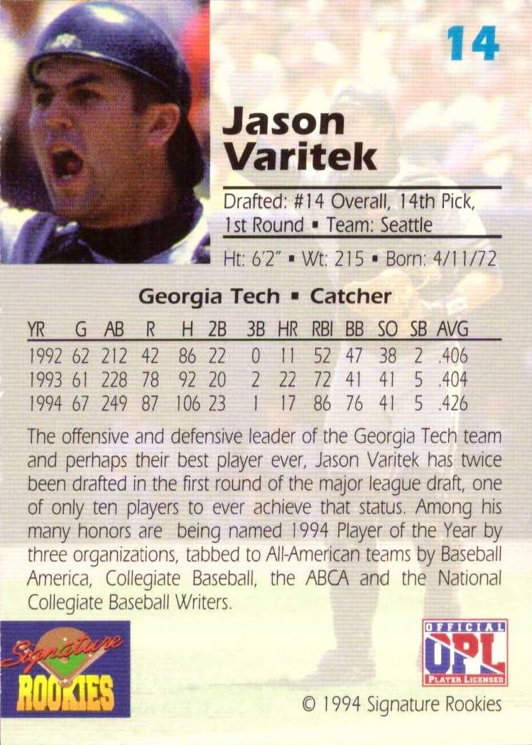 1994 Signature Rookies #14 Jason Varitek Certified Autograph Baseball Card