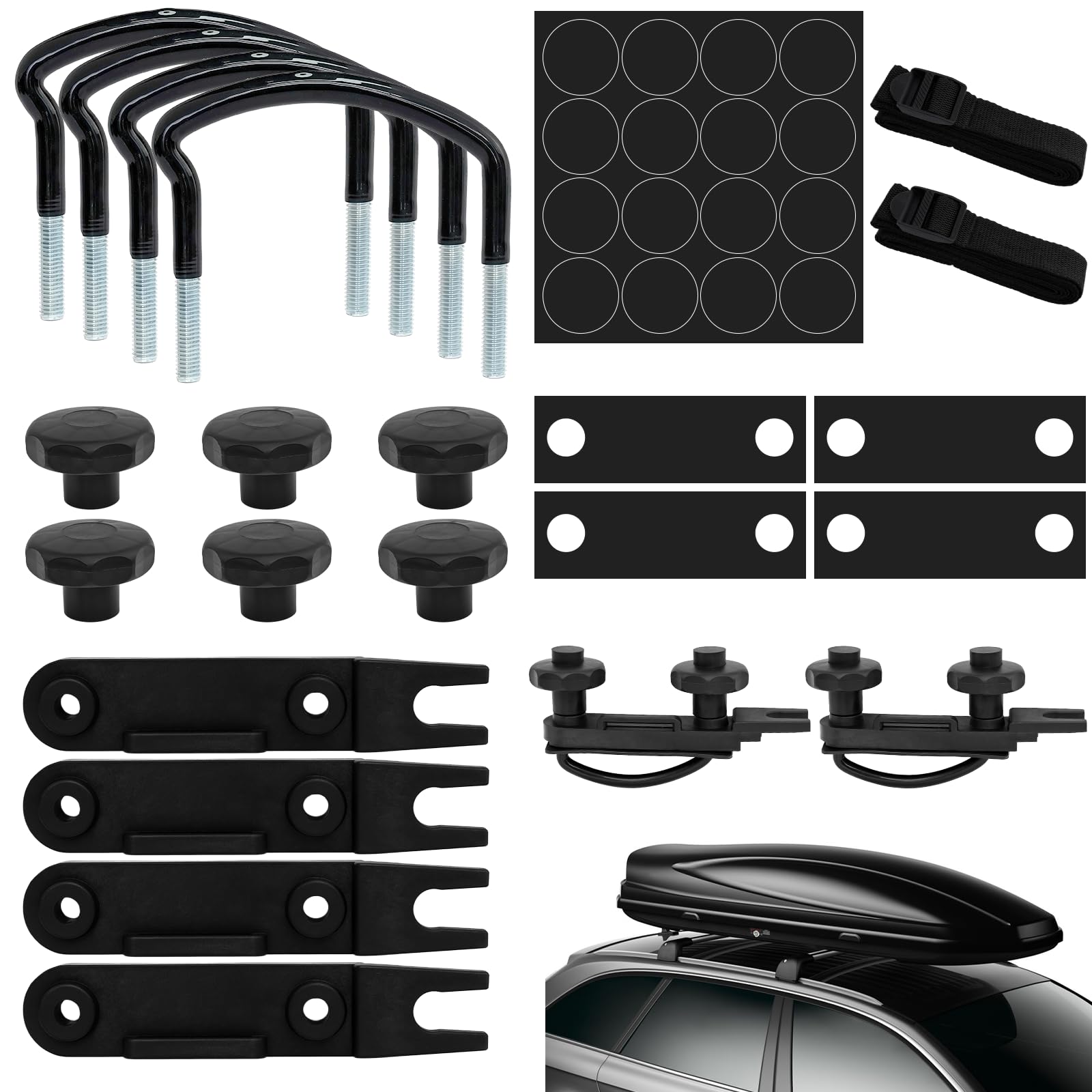 Kit de Fixation en U pour Coffre de Toit, 4 Jeux Boulons Universel, Largeur Interne 85 mm, avec 8 Ecrous de Blocage et 2 Bandages, Accessoire de Montage pour Véhicule SUV et Utilitaire