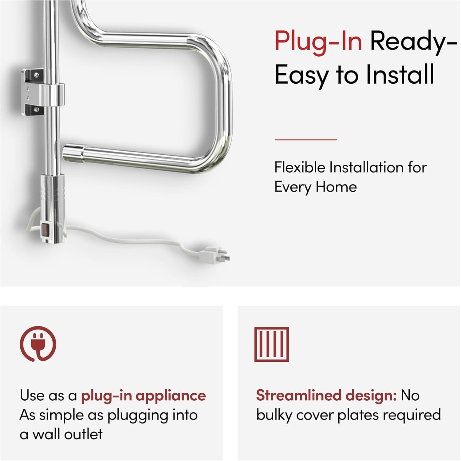 WarmlyYours Heated Towel Rack, 4 Bars, Polished Chrome, Wall-Mounted Swivel Electric Towel Warmer, Plug-in Drying Rack for Bathroom (Elements)